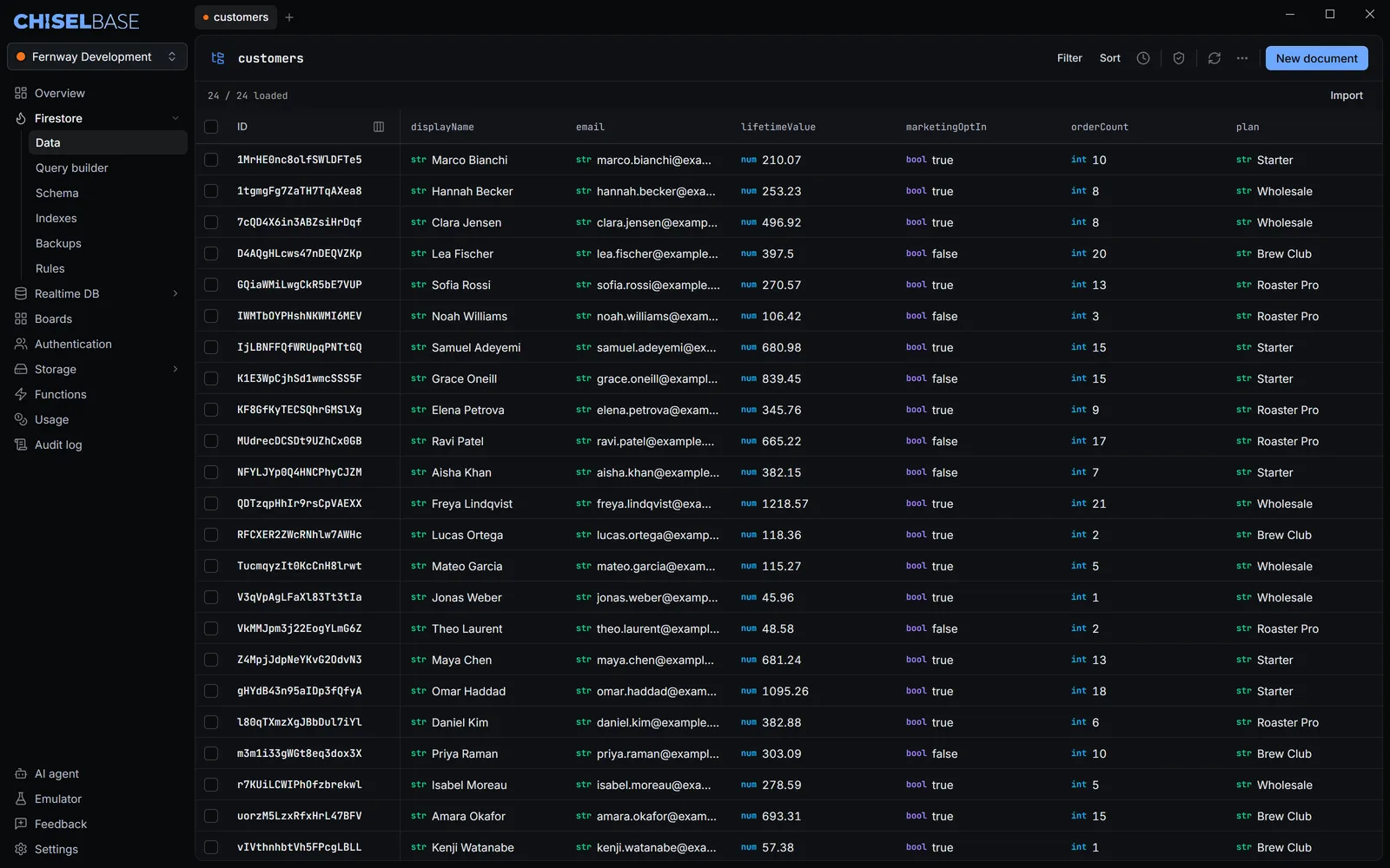 Chiselbase Firestore data view of the Fernway Development project. A table lists 24 customer documents, each value tagged with its type, such as str, num, bool or int.
