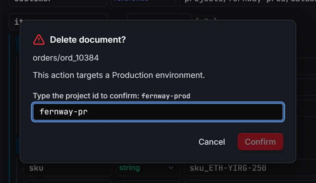 Close-up of the “Delete document?” dialog for orders/ord_10384. It says the action targets a Production environment and asks to type the project ID fernway-prod. The field holds fernway-pr, and the Confirm button next to Cancel is disabled.