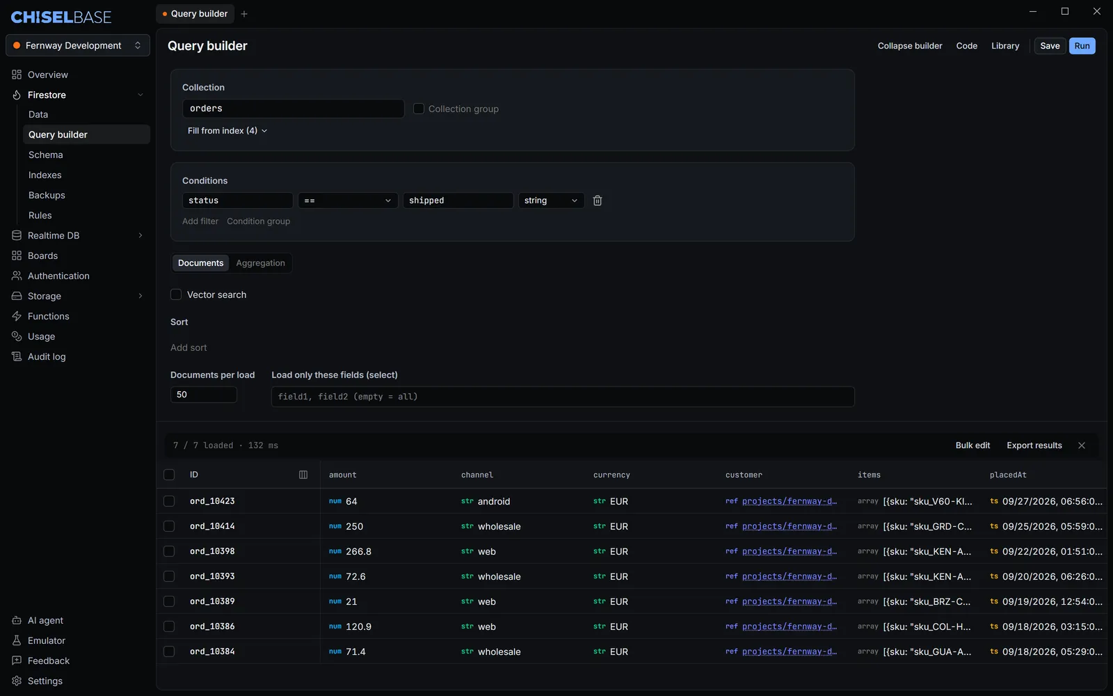 Chiselbase query builder with the condition status == shipped on the orders collection and a Collection group checkbox. Below, seven matching orders in a table under the buttons Bulk edit and Export results.
