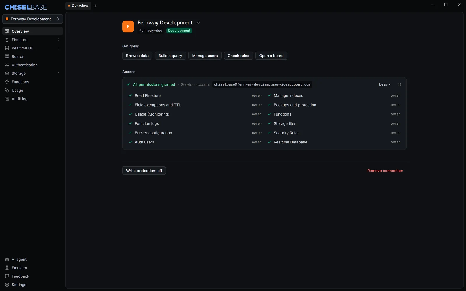 Chiselbase overview of the Fernway Development project with a green Development label, shortcuts to browse data, build a query, manage users, check rules and open a board, an access list with all permissions granted to a service account, and a Write protection: off button. The sidebar lists Firestore, Realtime DB, Boards, Authentication, Storage, Functions, Usage and Audit log.