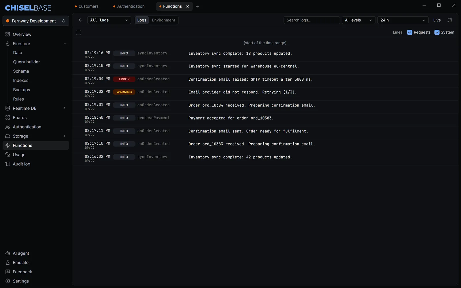 Chiselbase Cloud Functions log viewer showing timestamped INFO, WARNING and ERROR entries for order processing, payments and inventory sync, with severity, time and text filters above the list.