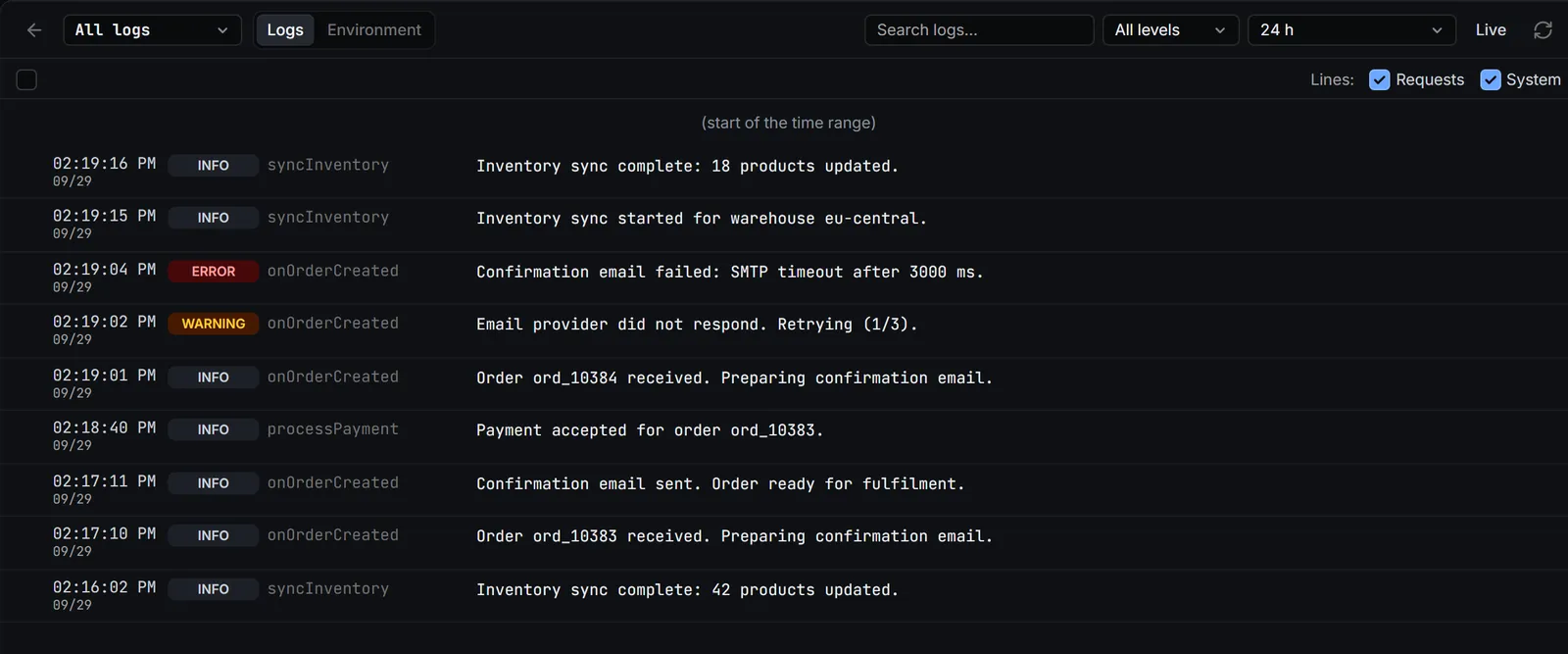 Chiselbase Cloud Functions log viewer showing timestamped INFO, WARNING and ERROR entries for order processing, payments and inventory sync, with severity, time and text filters above the list.