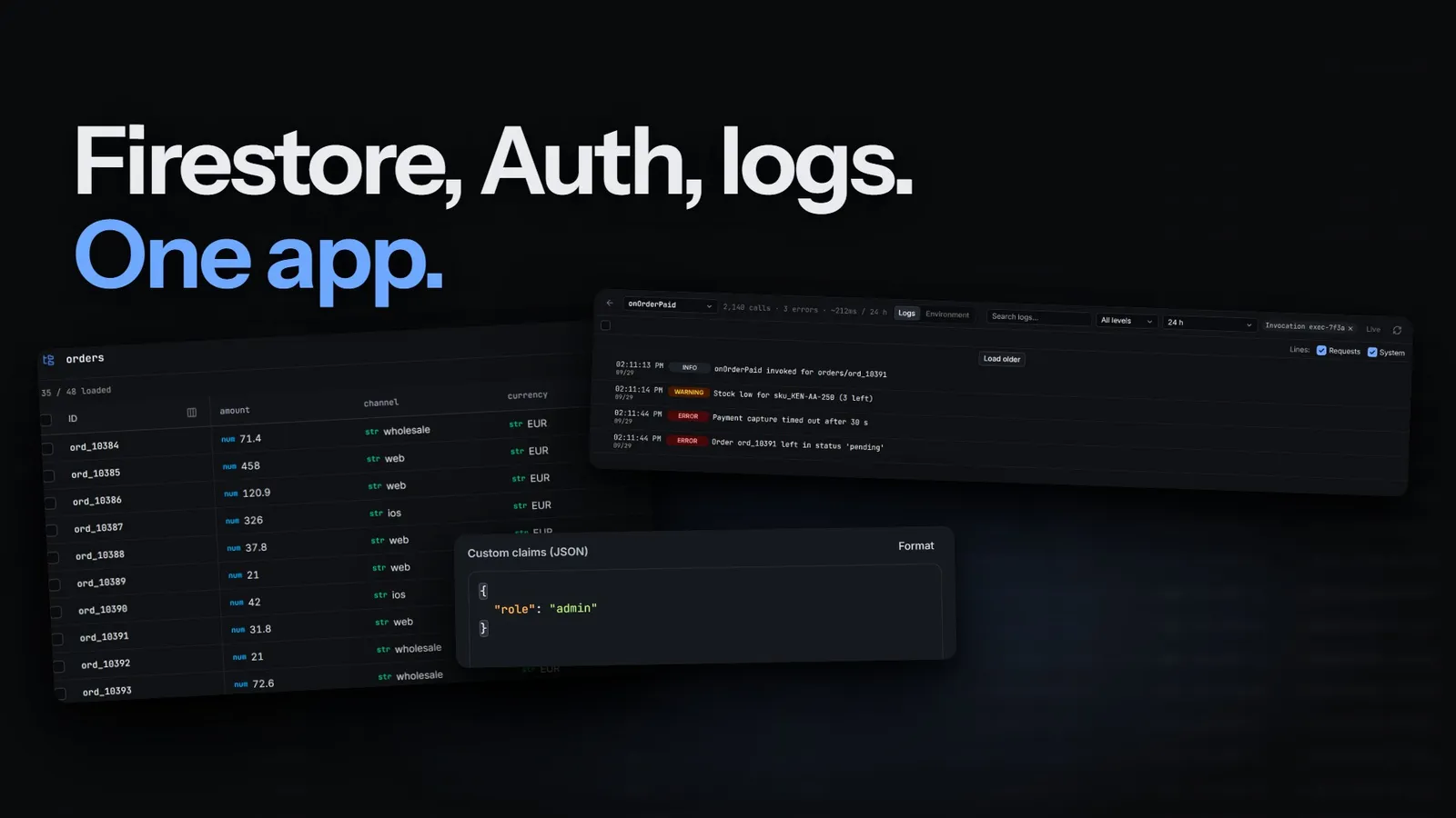 Video thumbnail: “Firestore, Auth, logs. One app.” over a Firestore table of orders, the logs of one failed Cloud Functions request and a user’s custom claims edited as JSON.
